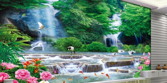 1000x900 US $19.0 50% OFF|Free Shipping Landscape Waterfall Landscape TV Background  Wall Fish Jumping Red Crowned Crane Custom 3D Living Room Mural-in