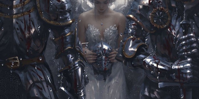 1332x850 Wallpaper rain, blood, sword, helmet, white dress, Princess