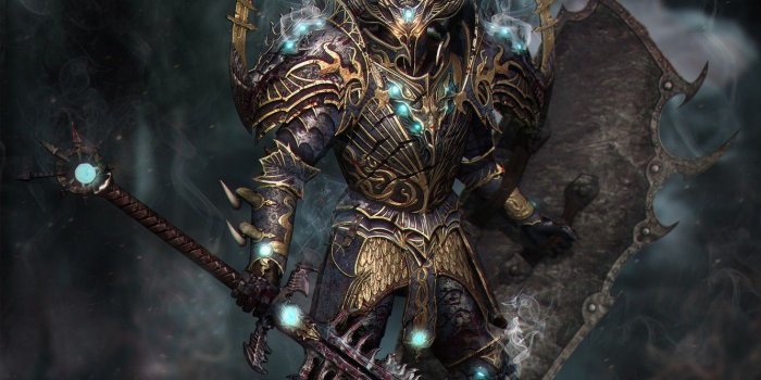 1332x850 Wallpaper magic, blood, smoke, sword, armor, shield, Knight