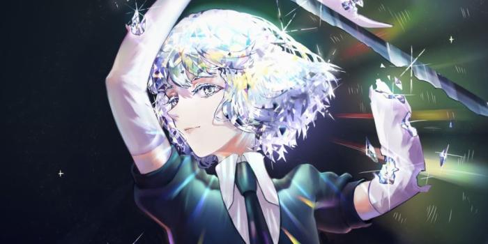 1024x768 Desktop wallpaper diamond, houseki no kuni, arms up, sword