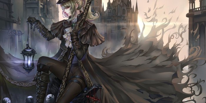 1332x850 Wallpaper sake, girl, fantasy, cathedral, hat, crow, anime