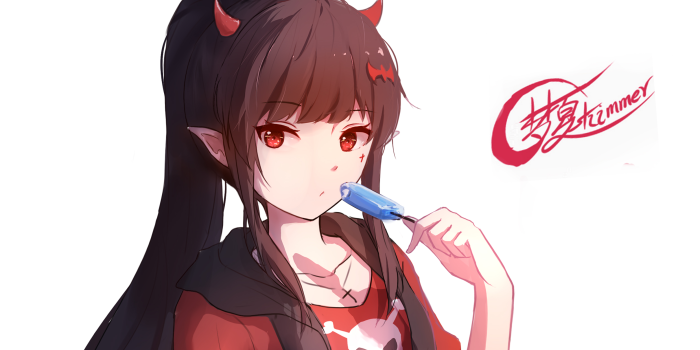 2480x1507 Smile, Long Hair, Original (Anime), Ponytail, Red Eyes