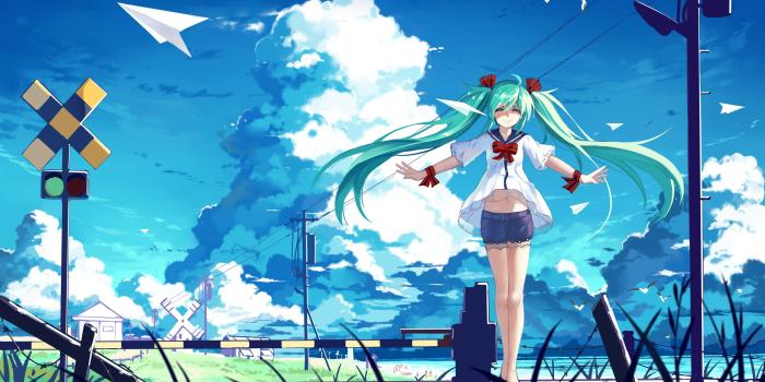 3507x2108 Hatsune Miku illustration, Hatsune Miku, clouds, railway, Vocaloid