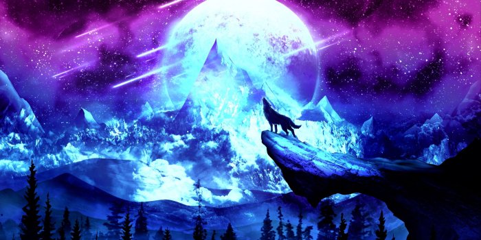 2560x1440 Download wallpaper 2560x1440 wolf, moon, night, mountains, art