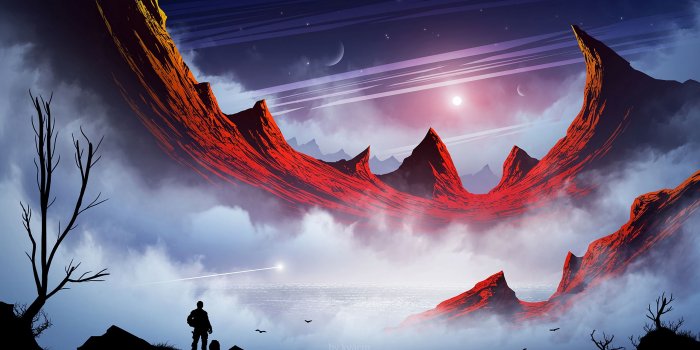 2560x1440 Download wallpaper 2560x1440 silhouette, mountains, fog, lake