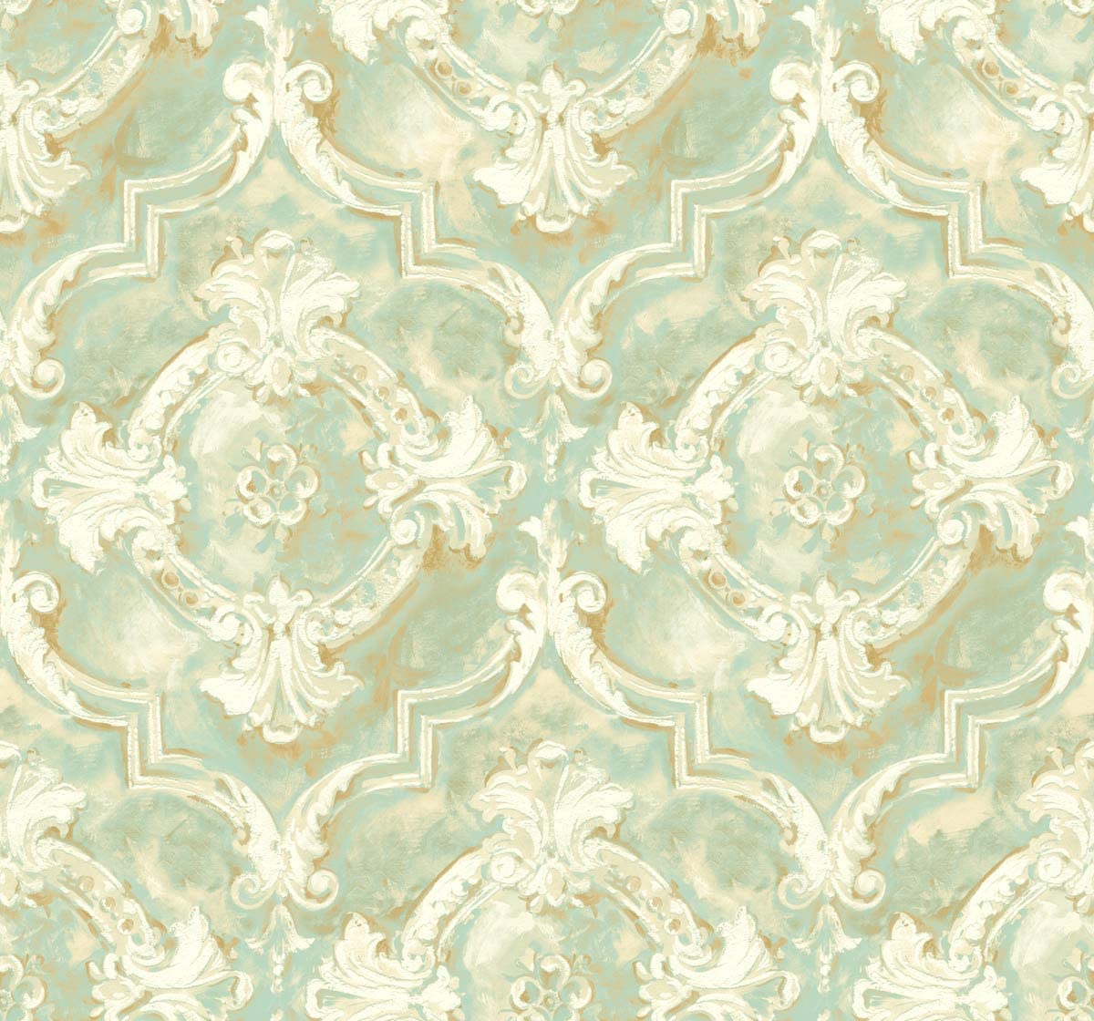 1200x1120 Victorian Damask Wallpaper Blue Gold Green Cream Vintage Style