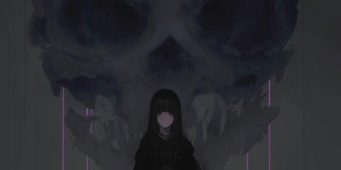 2560x1440 Download 2560x1440 wallpaper anime girl, purple eyes, dark, skull
