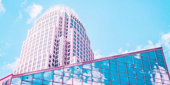 1332x850 Wallpaper city, glass, pink, clouds, reflection, architecture