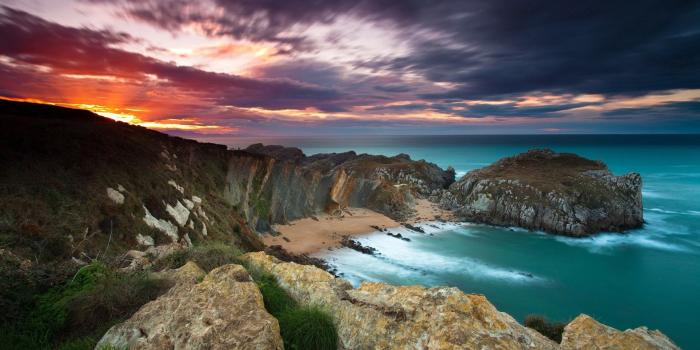 1920x1080 rocks, sunrise, cliffs, beautiful, sea, water, clouds, sky
