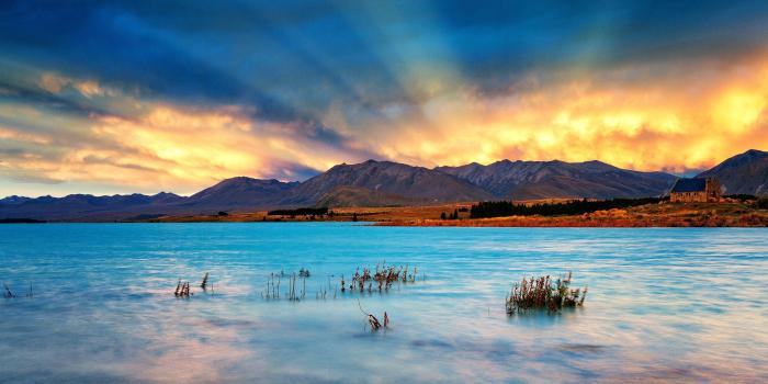 2800x1575 green, water, sunset, blue, clouds, landscapes, nature, trees, red