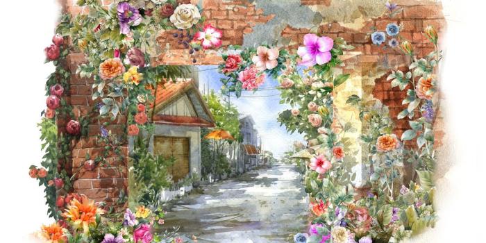 1332x850 Wallpaper flowers, house, wall, spring, watercolor, painting