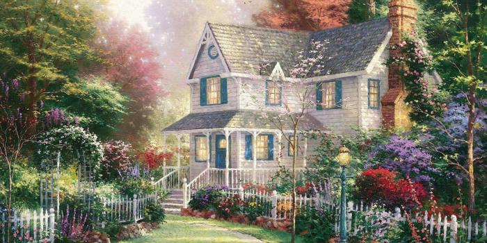 1920x1080 Houses, Springtime, Painting, Flowers, House, Tree, Fence, Best