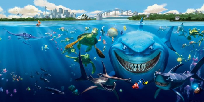 1600x713 Wall mural wallpaper Finding Nemo 3 sharks Bruce Anchor & Chum