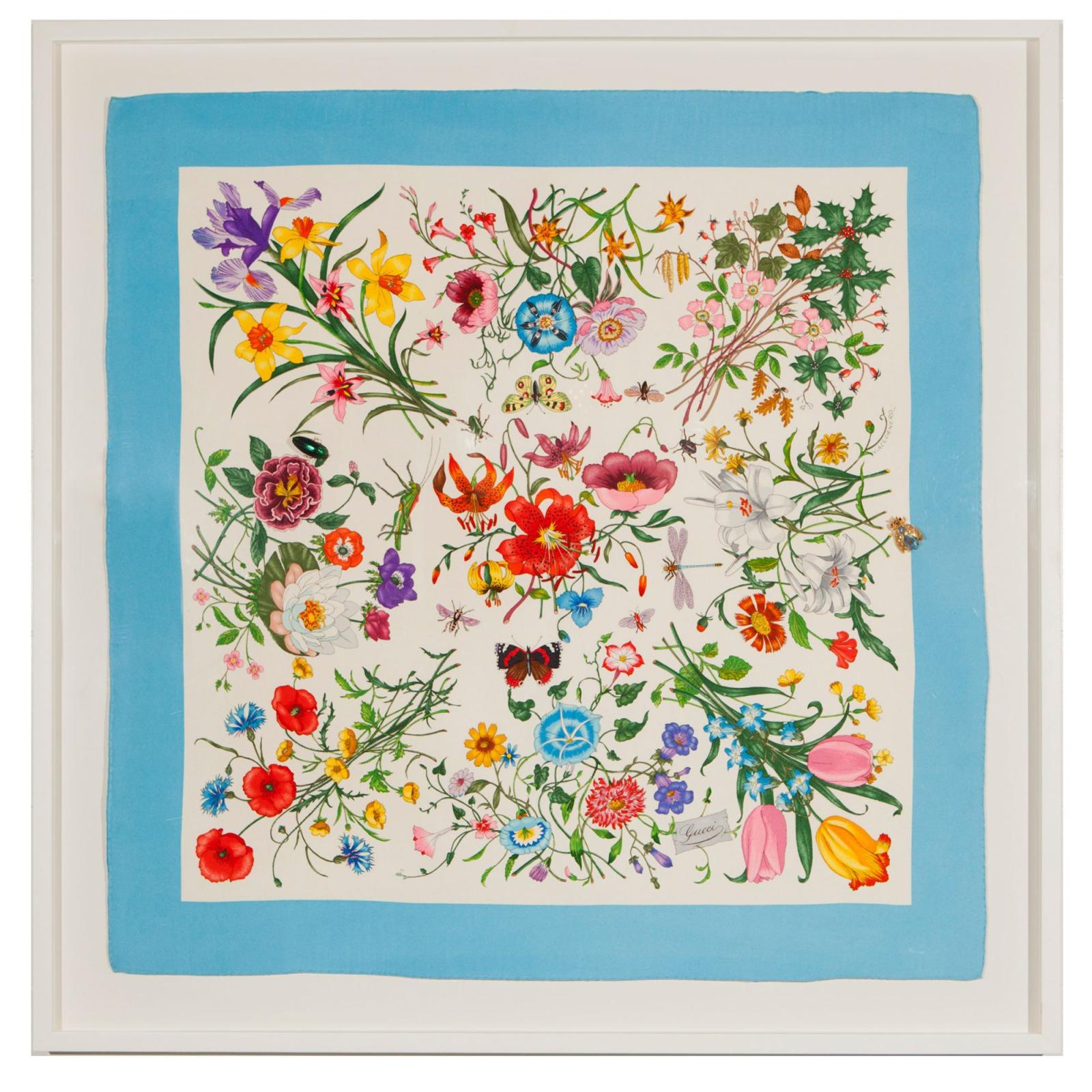 2000x2000 Vintage Framed Gucci Silk Scarf w/ Vintage Pins | Floral prints