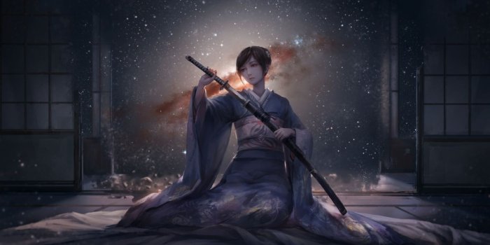 1335x700 Anime girls original characters kimono Japanese clothes katana