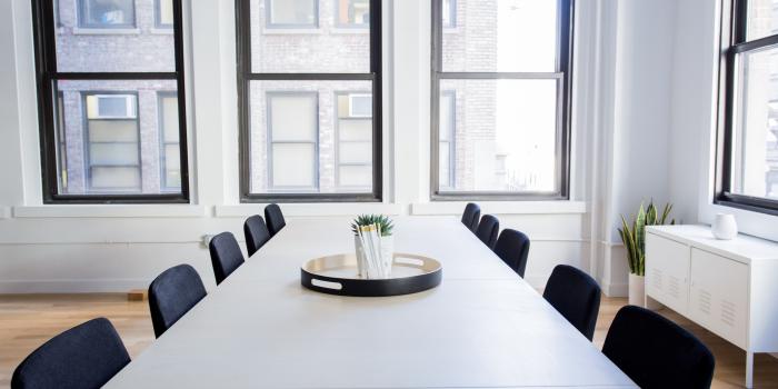 3840x2560 an empty conference room in an office with a table chairs and big