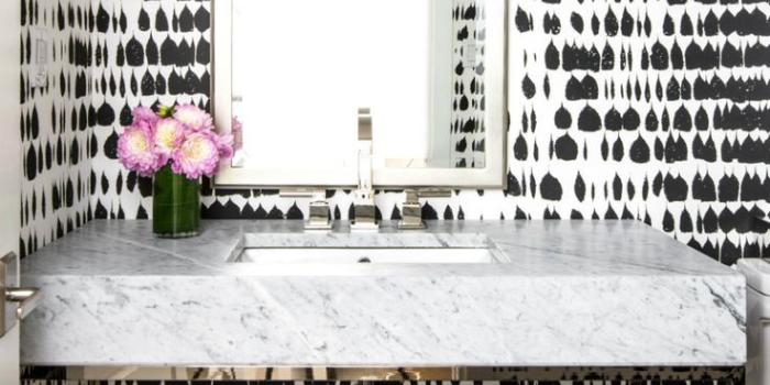 736x1076 Black and white patterned wallpaper | Powder room wallpaper