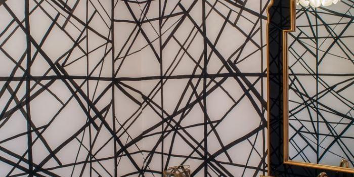 736x1102 Black and White Powder Room with Bold Graphic Wallpaper in 2019