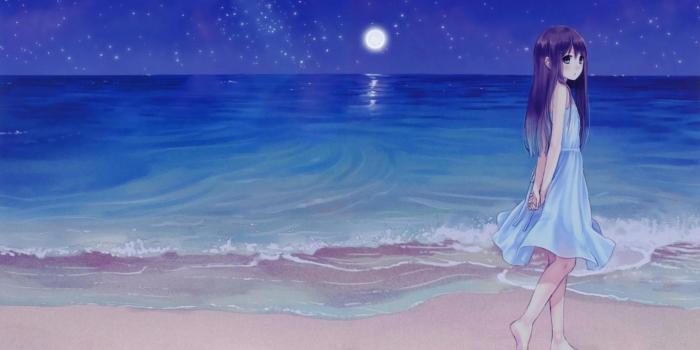 1366x768 Anime Girl On Beach Wallpaper - Cute Wallpaper Hd Cartoon Girl