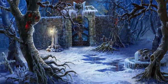 2560x1440 Photos Cemetery Fantasy Snow Fence Pictorial art Trees 2560x1440