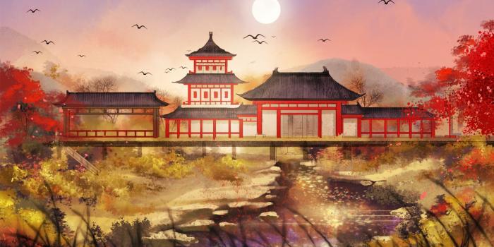 1920x1080 Wallpaper Chinese retro style park, art drawing 1920x1080 Full HD