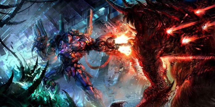 1920x1080 battles, Monsters, Robot, Firing, Fantasy, Warrior, Fire, Battle