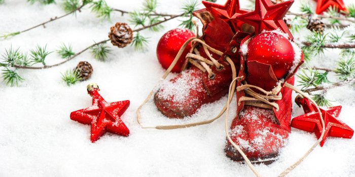 2560x1600 Christmas Decorations Red Boots In Snow Desktop Wallpaper