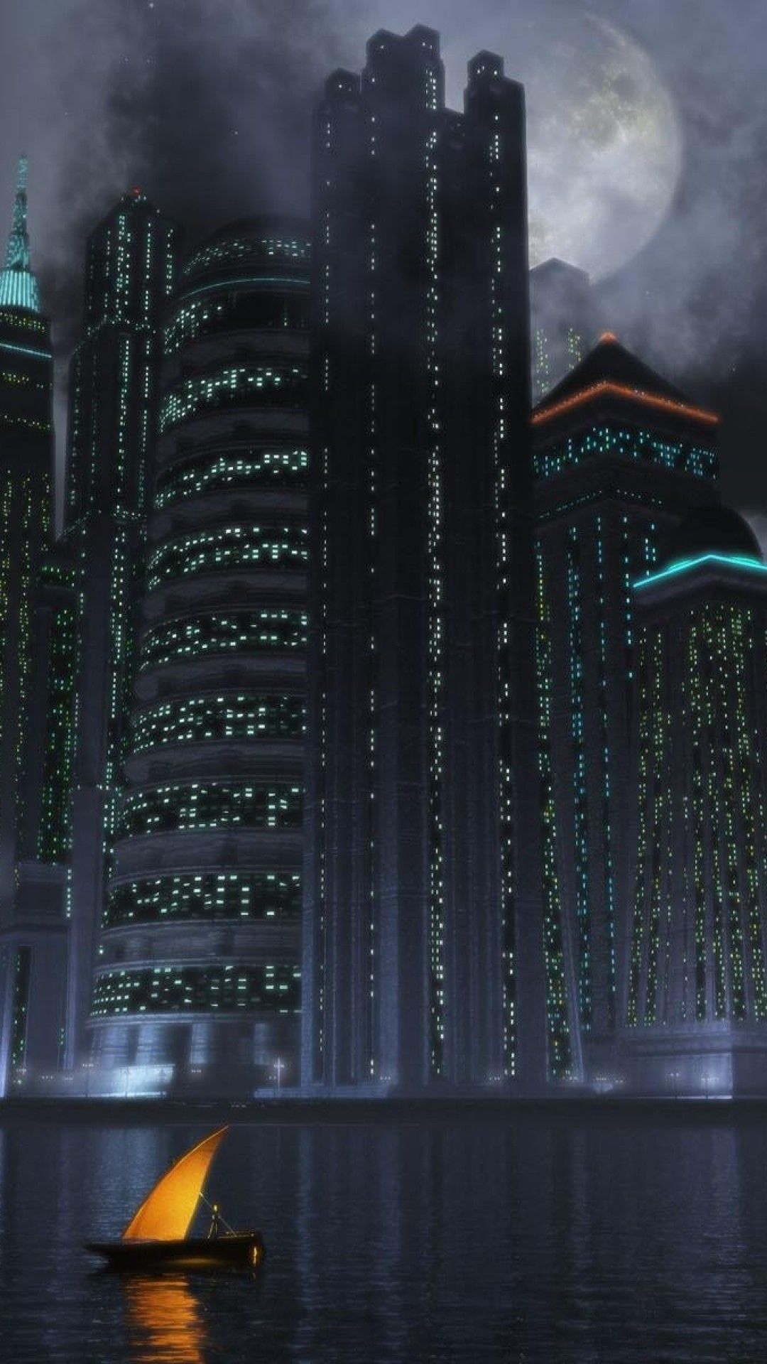 1080x1920 Gotham City, Boat, Cityscape, Skyline, Moon, Dark - Gotham City