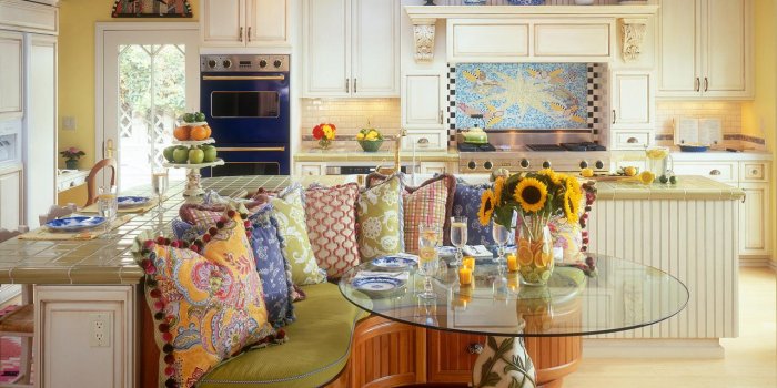 1280x960 Yellow French Country Kitchen With Colorful Banquette Area | HGTV