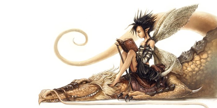 1920x1080 art, White, Dragon, Lying, Down, Elf, Fairy, Ears, Book, Fairy