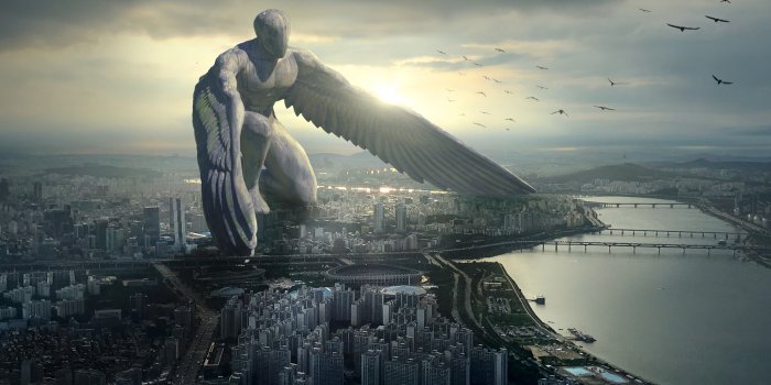 5120x2880 Wallpaper Giant Angel, city, 6K, Art #18666