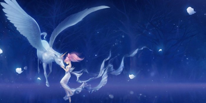 1332x850 Wallpaper girl, trees, night, magic, anime, art, unicorn, bishoujo