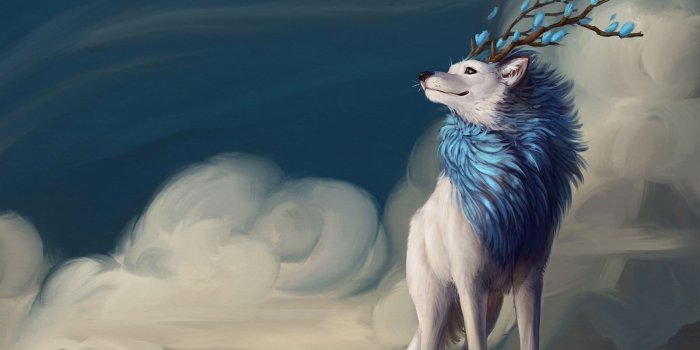 1600x900 Download wallpaper 1600x900 wolf, art, horns, mane, flowers