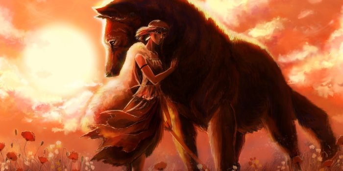 1332x850 Photo Wallpaper Girl, Animal, Wolf, Art, Princess Mononoke