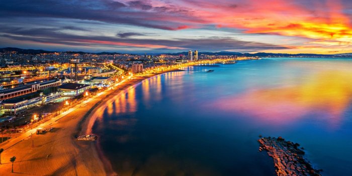 1920x1200 Download wallpapers Evening Barcelona, sunset, coast, HDR, spanish