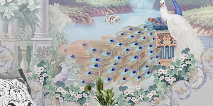 984x1716 Abstract Lake Landscape and Peacock Wallpaper Mural • Wallmur®