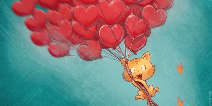 2048x1152 Download wallpaper 2048x1152 cat, balloons, hearts, flight, sky