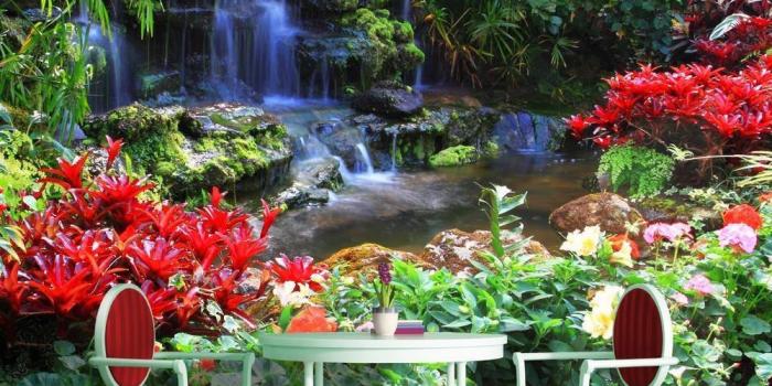 1000x1000 Forest Waterfall and Flowers Photo Wallpaper Wall Mural (CN-166P