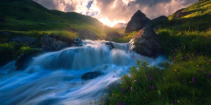 1920x1200 Waterfall in Spring Flower Field HD Wallpaper | Background Image