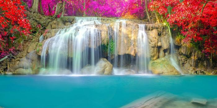 1440x900 Wallpaper Beautiful waterfall, trees, red leaves, water, autumn