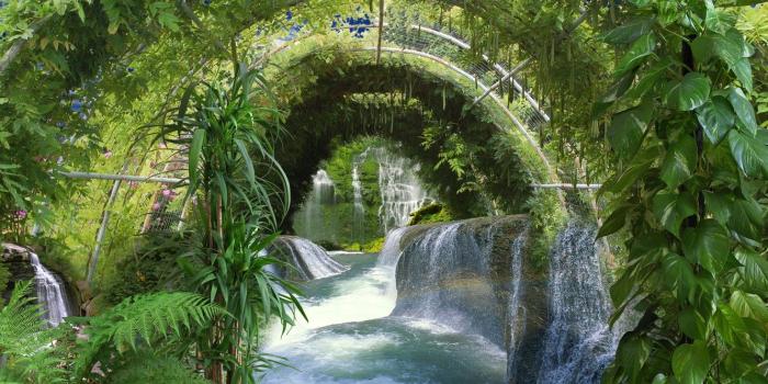 1332x850 Wallpaper leaves, water, trees, flowers, Park, waterfall, stream
