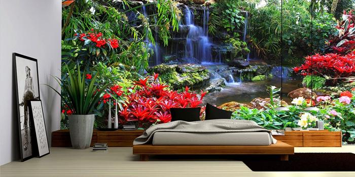 1500x1125 Forest Waterfall and Flowers Wallpaper Mural - - Amazon.com