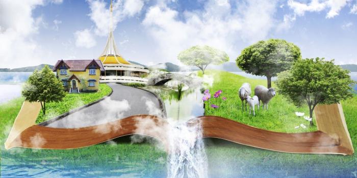 1332x850 Wallpaper the sky, water, clouds, trees, fish, flowers, sheep