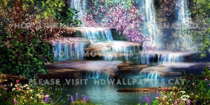 1031x768 fairy waterfall river artwork flowers trees
