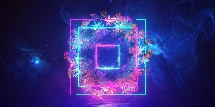 2560x1024 Download wallpaper 2560x1024 neon, squares, flowers, patterns