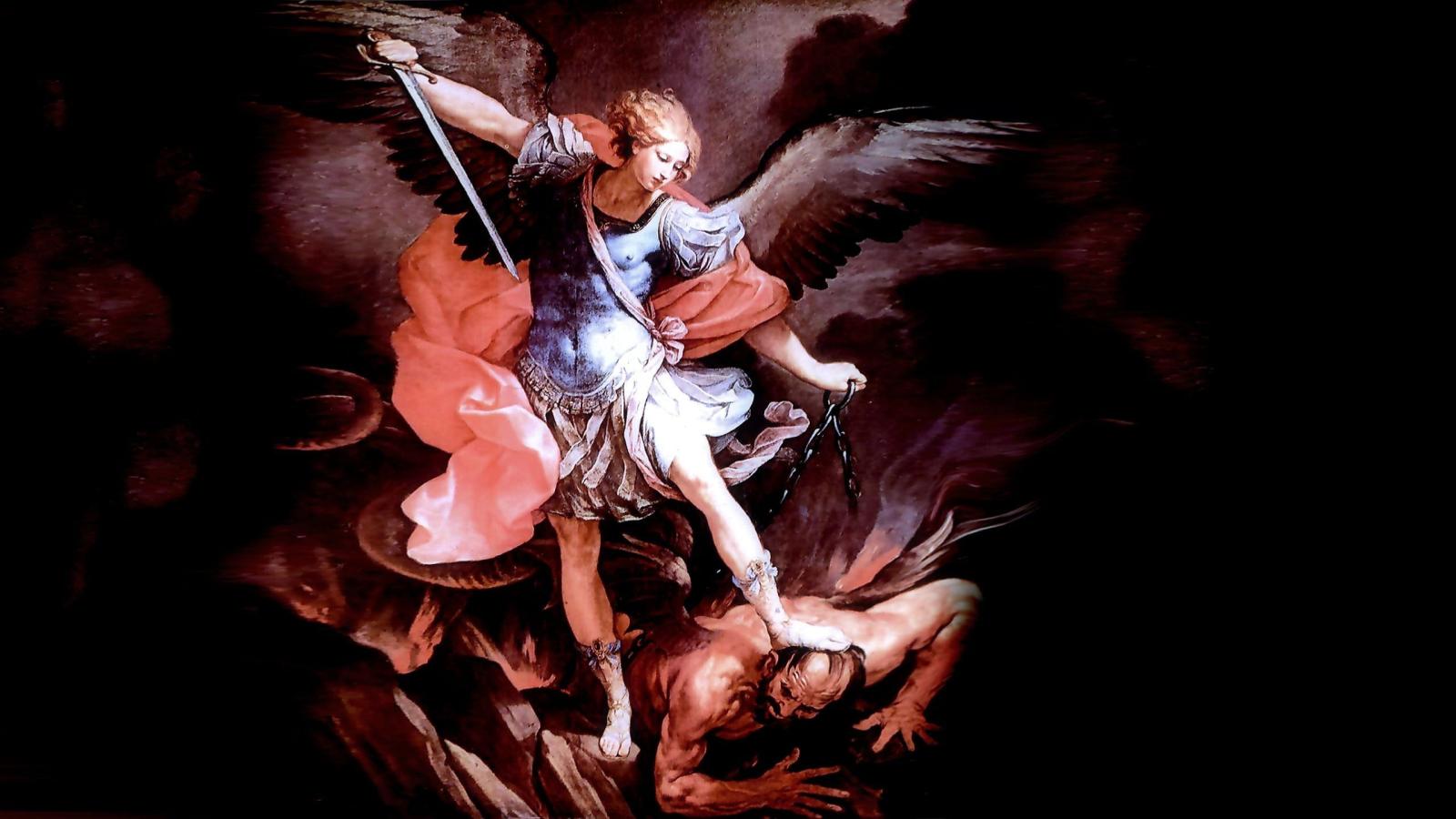 2560x1440 Angel vs devil illustration, angel, religion, fantasy art, Michael