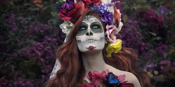 1332x850 Wallpaper girl, butterfly, flowers, face, paint, day of the dead