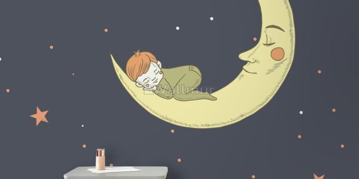 1000x915 Cartoon Moon with Little Child and Night Sky Wallpaper Mural