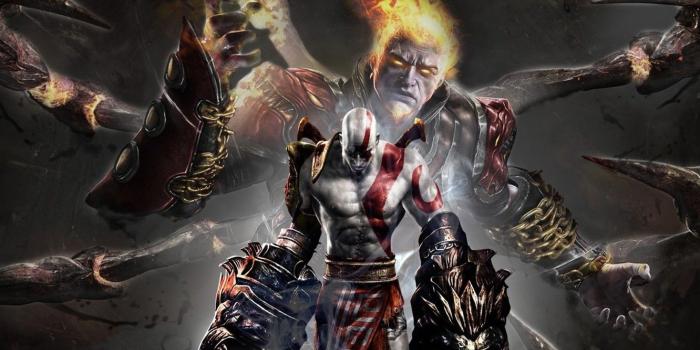 1332x850 Wallpaper fire, flame, sword, armor, Kratos, God of War, lion