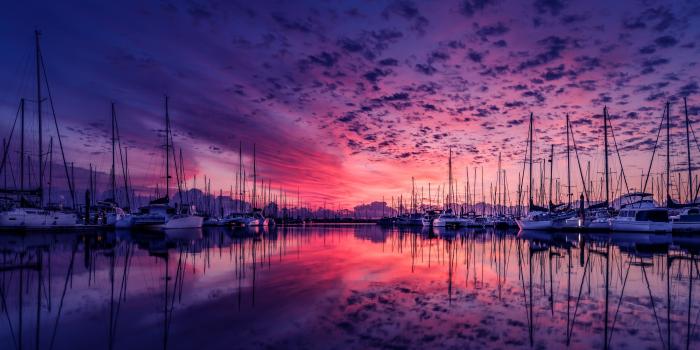 3840x2160 Harbor Purple Clouds Pink Sky Dock Ships Sunset Reflection